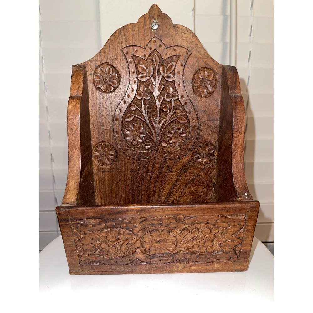 Vintage Handcrafted In India Carved Wood Wall‎ Mounted Mail Box/ Storage Box